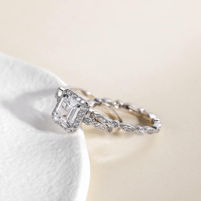 EAMTI 2CT 925 Sterling Silver Bridal Ring Sets Emerald Cut CZ Engagement Vintage Rings Marquise Wedding Bands for Women