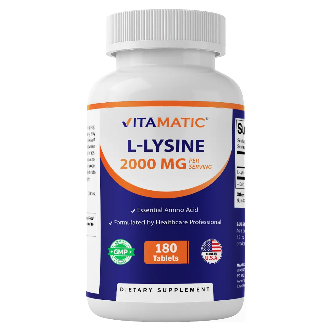 Vitamatic L-Lysine 2000 mg Per Serving | 180 Tablets | Essential Amino Acid Supplement | Non-GMO | Gluten Free | Made in USA