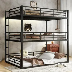 Full Over Full Over Full Metal Triple Bunk Bed, Black Heavy-Duty Bunk Bed with Guardrails, Space-Saving Triple Sleeping Bed for Shared Rooms (Black)