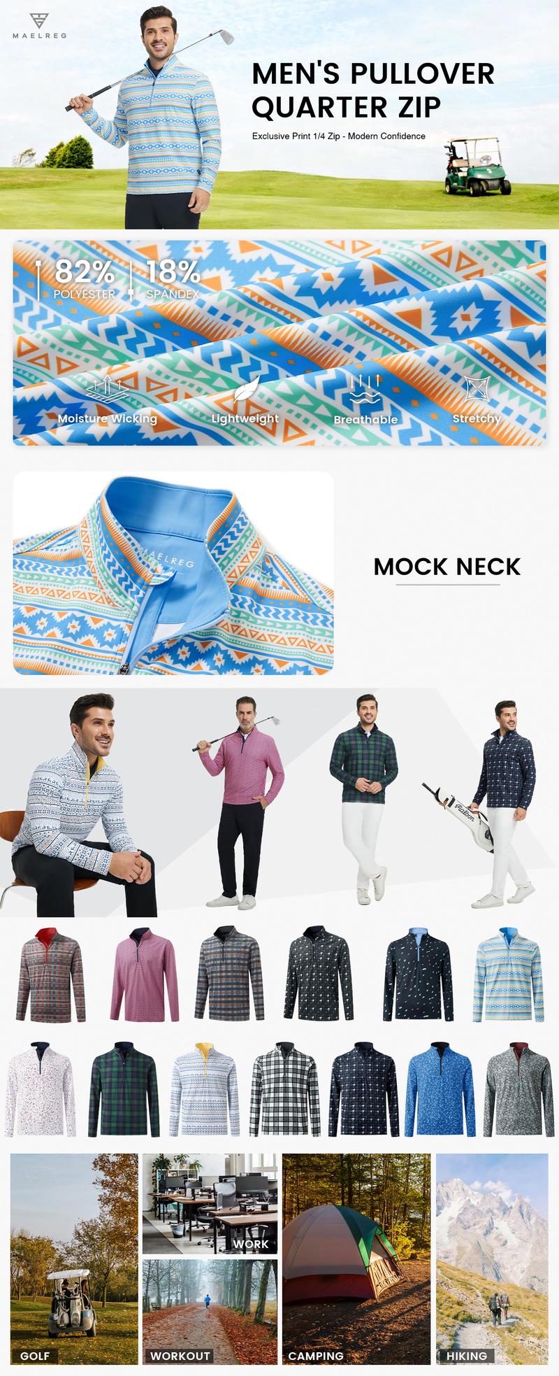 MAELREG Men’s Quarter Zip Golf Pullover, Dry Fit Long Sleeve Performance Sweatshirt, Moisture Wicking 1/4 Zip Printed Athletic Top Fashion Menswear