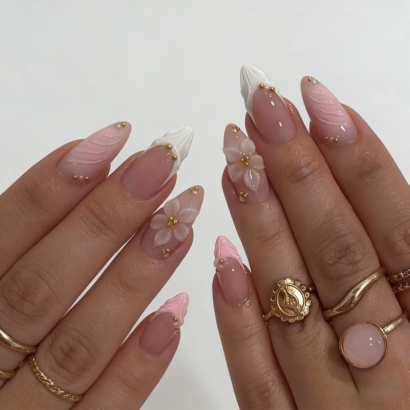 3D Pink Almond Press On Nails | Medium French Tip Fake Nails w/ Embossed Flower & Gold Bead Designs | Glossy Finish  False Nails (30Pcs, Multi Sizes) - Manicure Kit w/ Glue Tabs Luxury Reusable