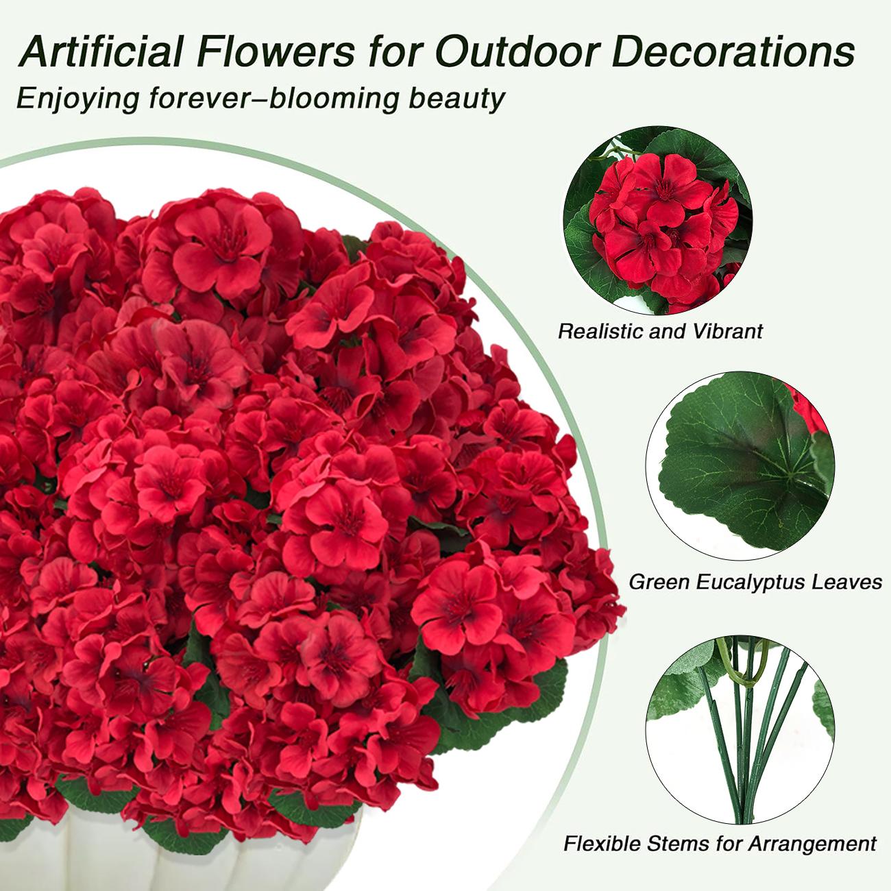 8 bundles of outdoor artificial geraniums, artificial plant UV resistant plastic flowers, used for indoor, outdoor, courtyard, hanging flower pots, porch, window home decoration (8, red)