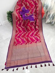 Imperial Magenta Rose Pure Tussar Georgette Saree with Royal Amethyst Maggam Work Blouse