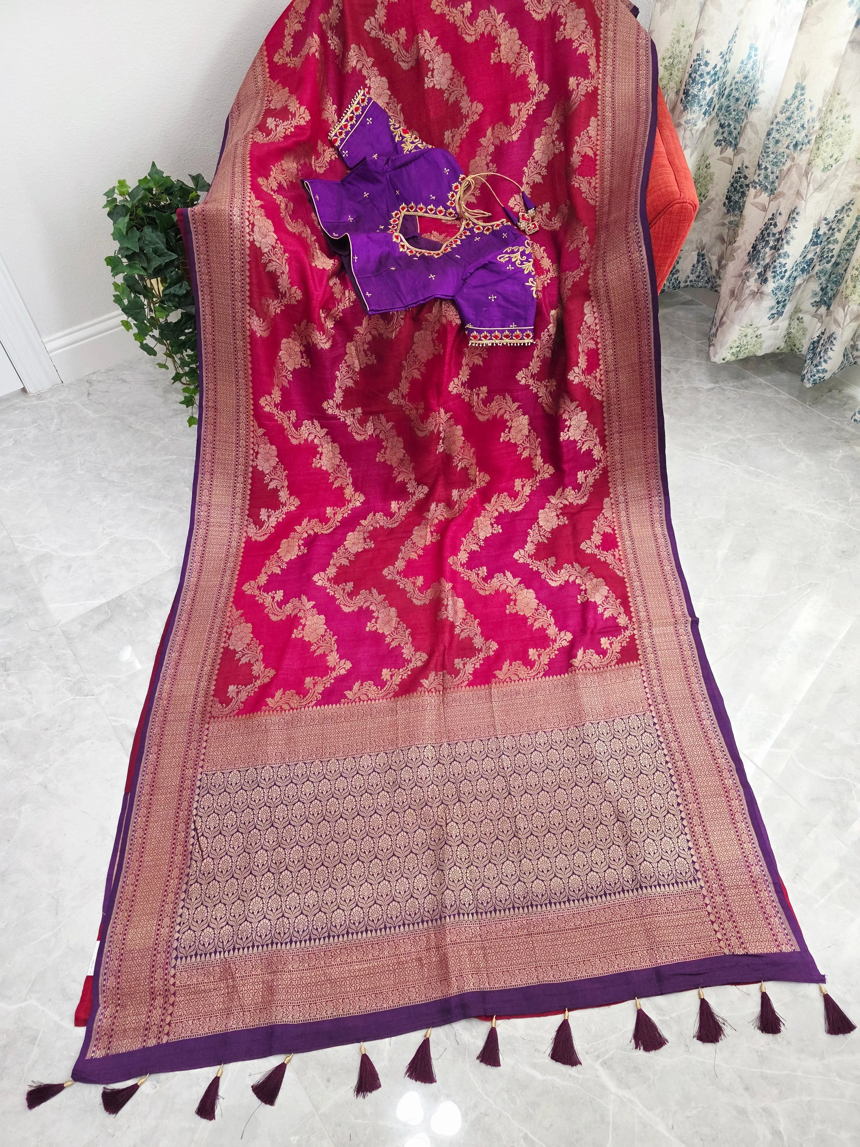 Imperial Magenta Rose Pure Tussar Georgette Saree with Royal Amethyst Maggam Work Blouse