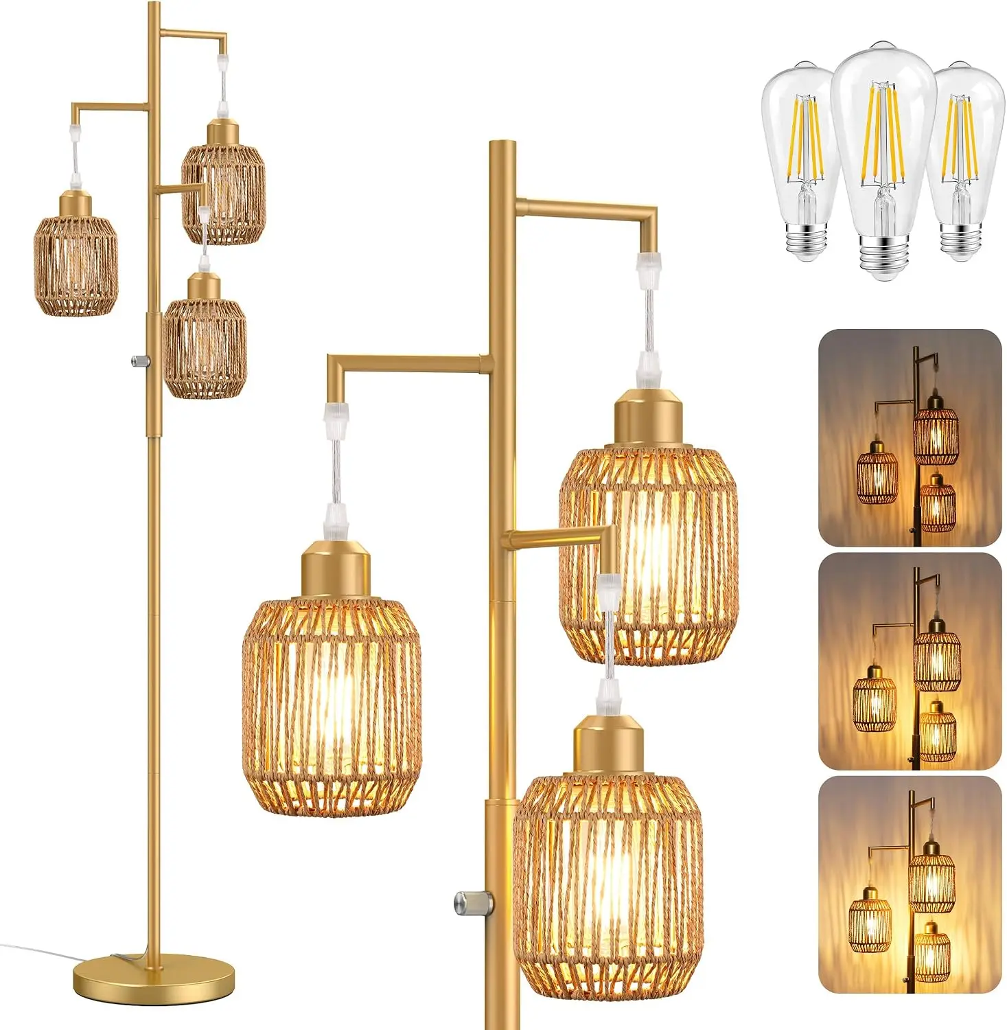 Dimmable Boho Floor Lamp - 3 Light Farmhouse Rattan Floor Lamp for Living Room, Industrial Tree Floor Lamps with 3 X 6W LED Bulbs, Rustic Standing Tall Lamp for Bedroom, 68", Gold