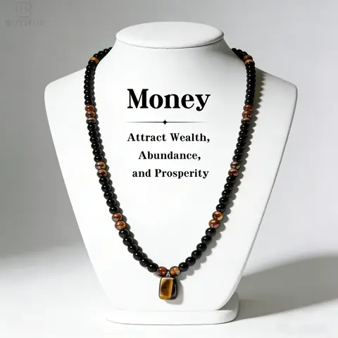 Women's 1pc Abundance Black Obsidian-Tiger Eye Gemstone Pendant Necklace - 27" (69cm) Retro Long Chain, No Fuss Everyday Necklace, Thoughtful Anniversary Gift