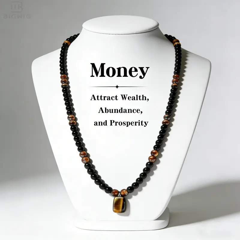 Women's 1pc Abundance Black Obsidian-Tiger Eye Gemstone Pendant Necklace - 27" (69cm) Retro Long Chain, No Fuss Everyday Necklace, Thoughtful Anniversary Gift
