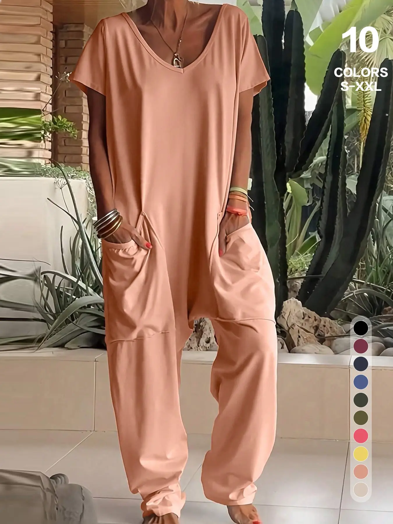 Women's Solid Color V-Neck Oversized Pocket Jumpsuit, Comfortable One-Piece Pants, Perfect for Everyday Daily Home Wear, Basic Minimalist Womenswear, Casual Comfy Loungewear