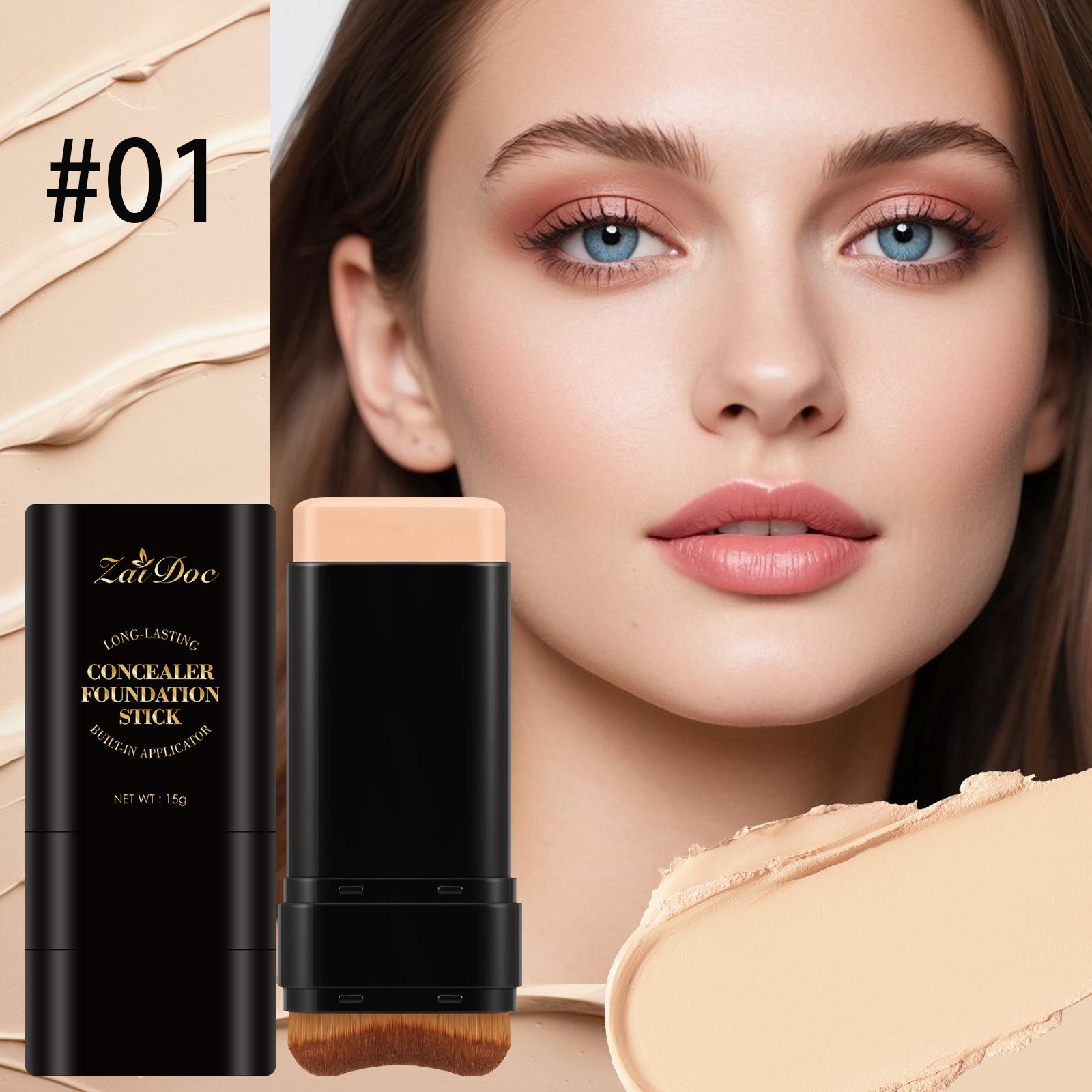 Zaidoc 7-color Dual -Ended Concealer Foundation Stick, 2-in-1 Long-Lasting Foundation and Concealer with Brush, Creamy Full Coverage for Dark Circles & Blemishes, Hydrating Olive & Camellia, 2.09 Oz