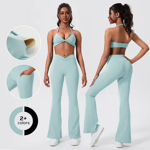 Women's High-Waist Crossover Flared Leggings with Pockets - Soft Stretch, Butt Lifting, Scrunch Design, Universal, Breathable, Elastane, 75%Nylon 25%Spandex - Cold Wash Low-Impact Sports Bottoms for Yoga, Gym