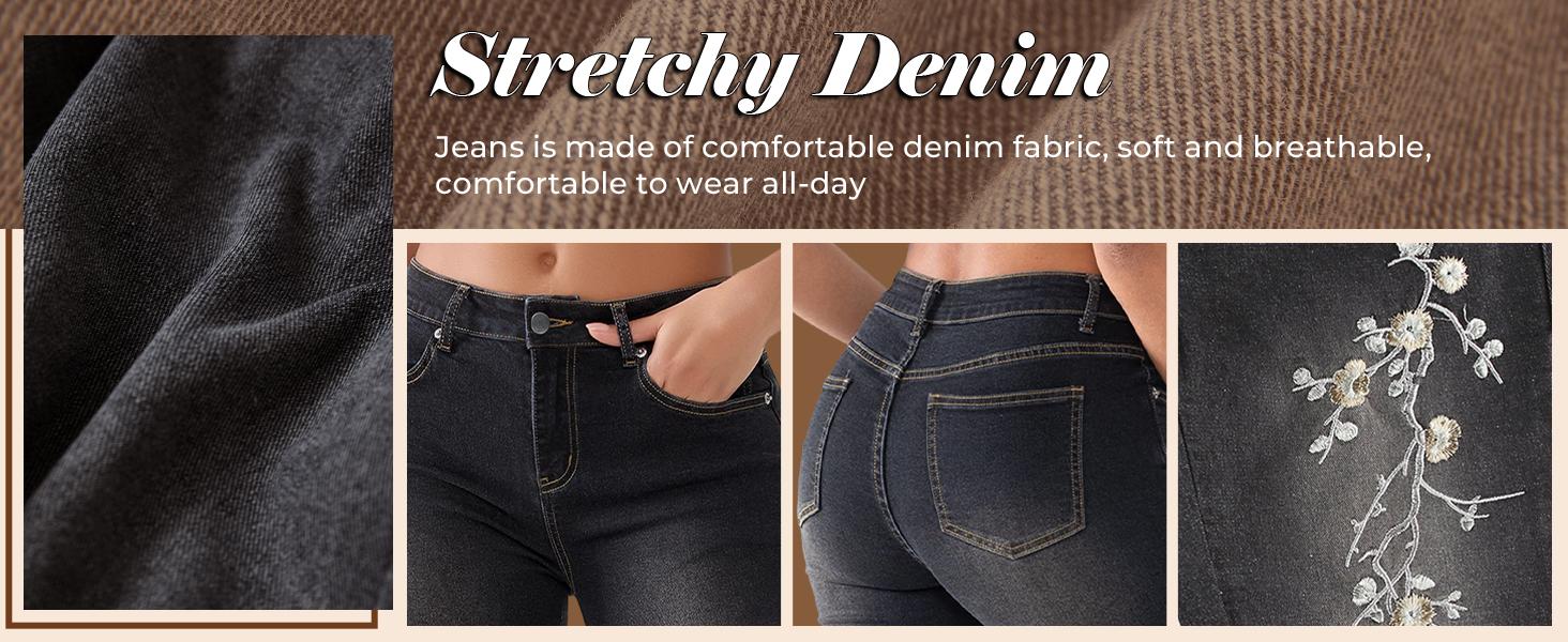EMMIOL Women's Bell Bottom Jeans Stretchy Flare Mid Rise Embroidery Bell Bottom Vintage Denim Jeans 90s Outfits Y2k Clothes