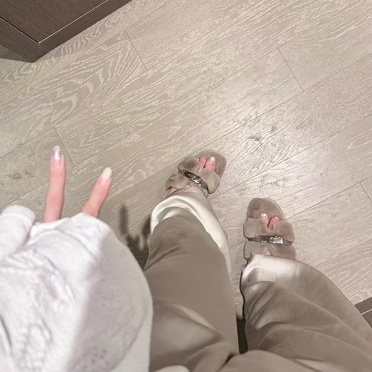 Mao Mao Women's Soft Furry Slippers 2025 Spring Autumn Round Toe Non-Slip Sole Adjustable Straps Elegant Home Wear Flipflop Girl Walking Shoes SpringStatements