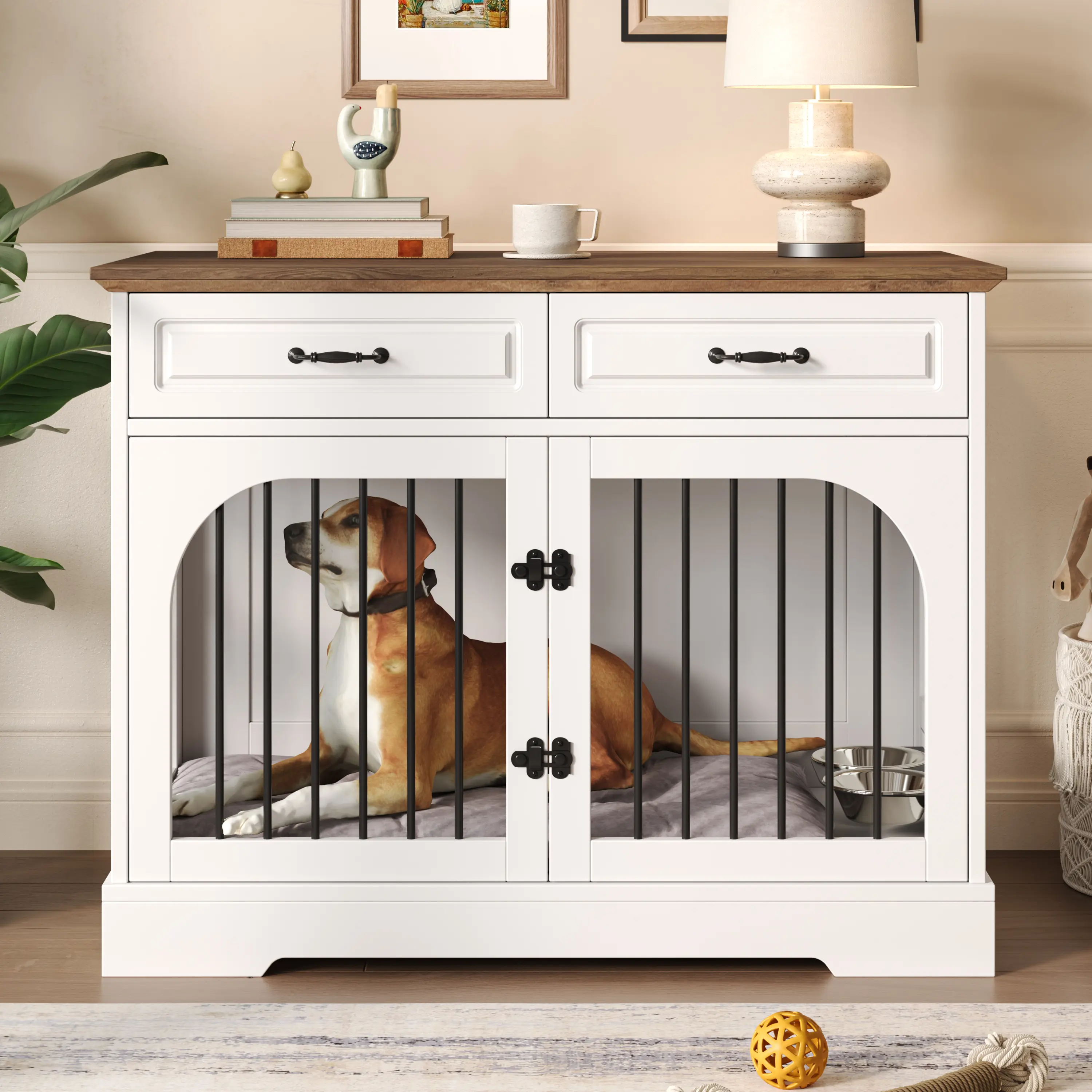 43.3" Dog Crate Furniture, Heavy Duty Indoor Dog Kennel with 2 Storage Drawers, Dog Cage with Side Doors for Medium Large Dogs, End Table Dog Crate, White and Brown