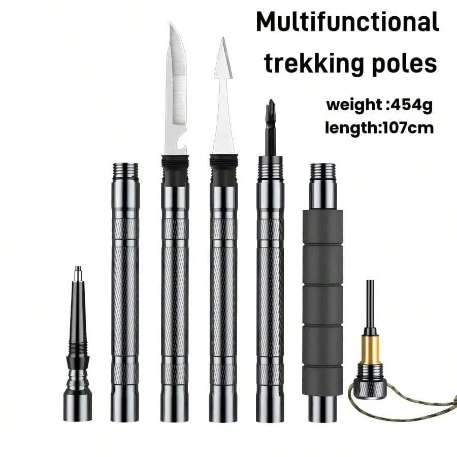 7-in-1 Multitool Hiking Stick - Retractable Folding Tactical Accessory with Compass, Tinder, Saw Blade, Screwdriver, Pliers - Premium Outdoor Gadgets Camping Gear Survival Kit for Hiking Travel