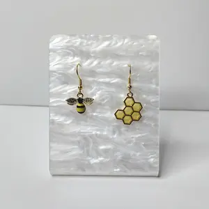 #534 Asymmetrical Bee with Rhinestone Wings & Honeycomb Earrings, Casual, Spring, Summer, Insect, Animal, Alloy