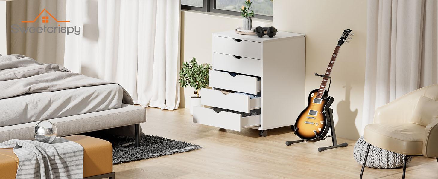 SweetFurniture 5 Drawer Chest - Storage Cabinets Dressers Wood Dresser Cabinet with Wheels Mobile Organizer Drawers for Office, Bedroom, Home