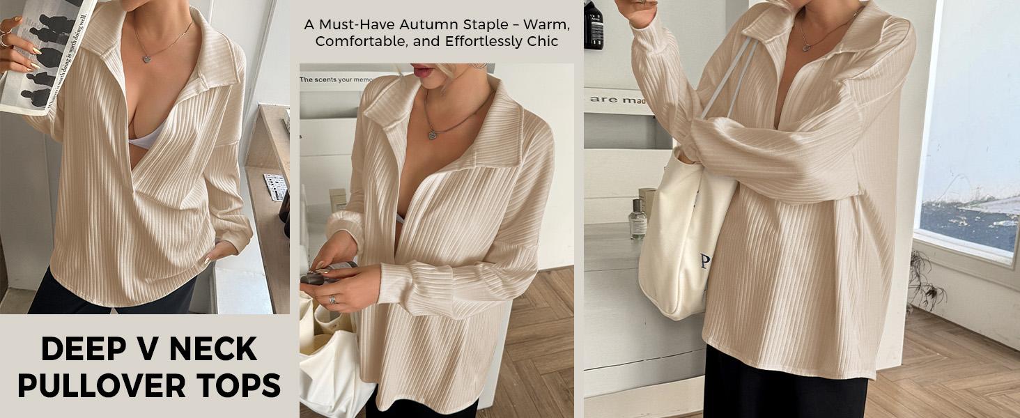 FISOEW 2026 Womens Oversized Sweatshirt Deep V Neck Lightweight Ribbed Knit Casual Chic Top Half Sleeve Ribbed Pullover Basic Minimalist Summer Wardrobe Essential