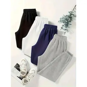 Solid Color Simple Sweatpants 4-pack, Versatile Elastic Waist Joggers, Suitable For Spring And Autumn, Women's Clothing