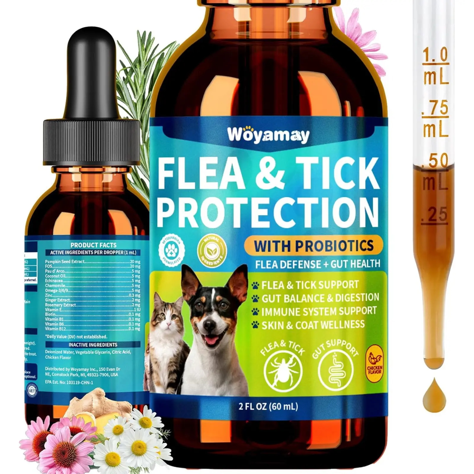 Flea and Tick Support+Probiotics for Dog & Cat, Natural Cats Dogs Flea/Probiotic/Immune Supplement with Omega-3 Vitamin B, Multi Funtion Drops for All Ages & Breeds, Chicken Flavor #DealsForYouDays #SummerWins