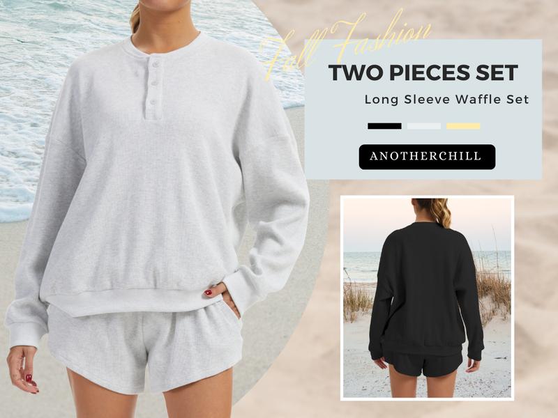 AnotherChill Women's Oversized Waffle Knit Lounge Set – Long Sleeve Henley Sweatshirt and High Waisted Shorts 2 Piece Casual Outfit