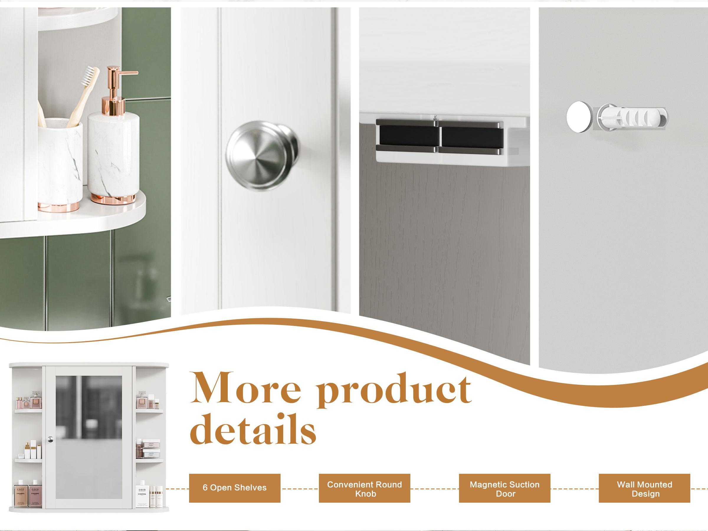 Walsunny Bathroom Medicine Cabinet with Mirror, Wall Mounted Storage Cabinet, Mirror Door & 6 Open Adjustable Shelves, Bathroom Wall Organizer, White