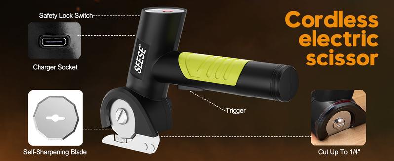 SEESE Cordless Electric Scissors, Rechargeable Cutter for Thin Cardboard, Carpet & Leather  Holiday gifts