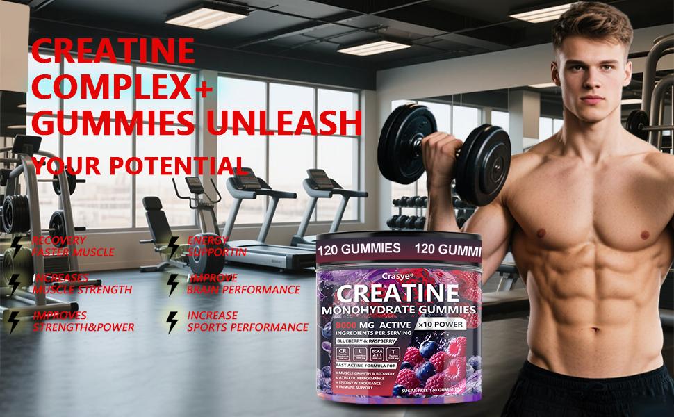 CRASYE Creatine Gummies 8000mg Blueberry Raspberry Flavor 120 Gummies Supports Muscle Gains Workout Recovery Essential Aminos Made in USA Fitness Endurance Supplement