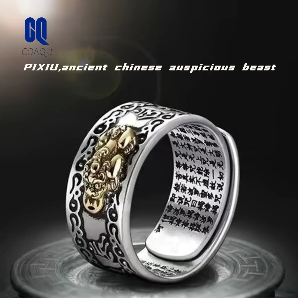 Vintage Engraved Pixiu Ring for Men, Adjustable Feng Shui Band, Auspicious Chinese Tradition Jewelry that Attracts Good Luck and Boosts Career