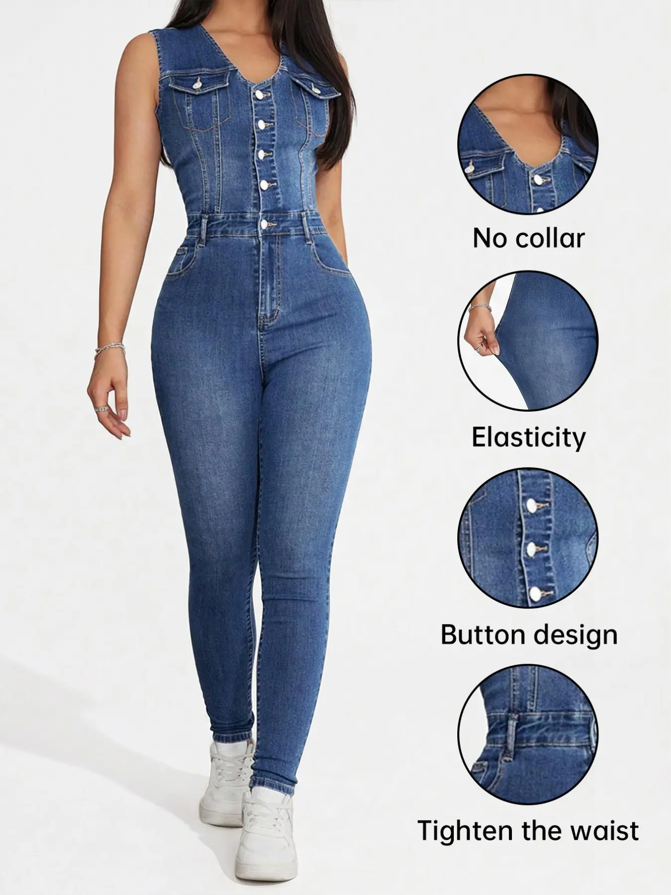 Women's Sleeveless Denim Jumpsuit, Summer Essential, American Style High Waist Elastic Butt-Lifting Skinny Fit, Streetwear for Casual Outing and Music Festival