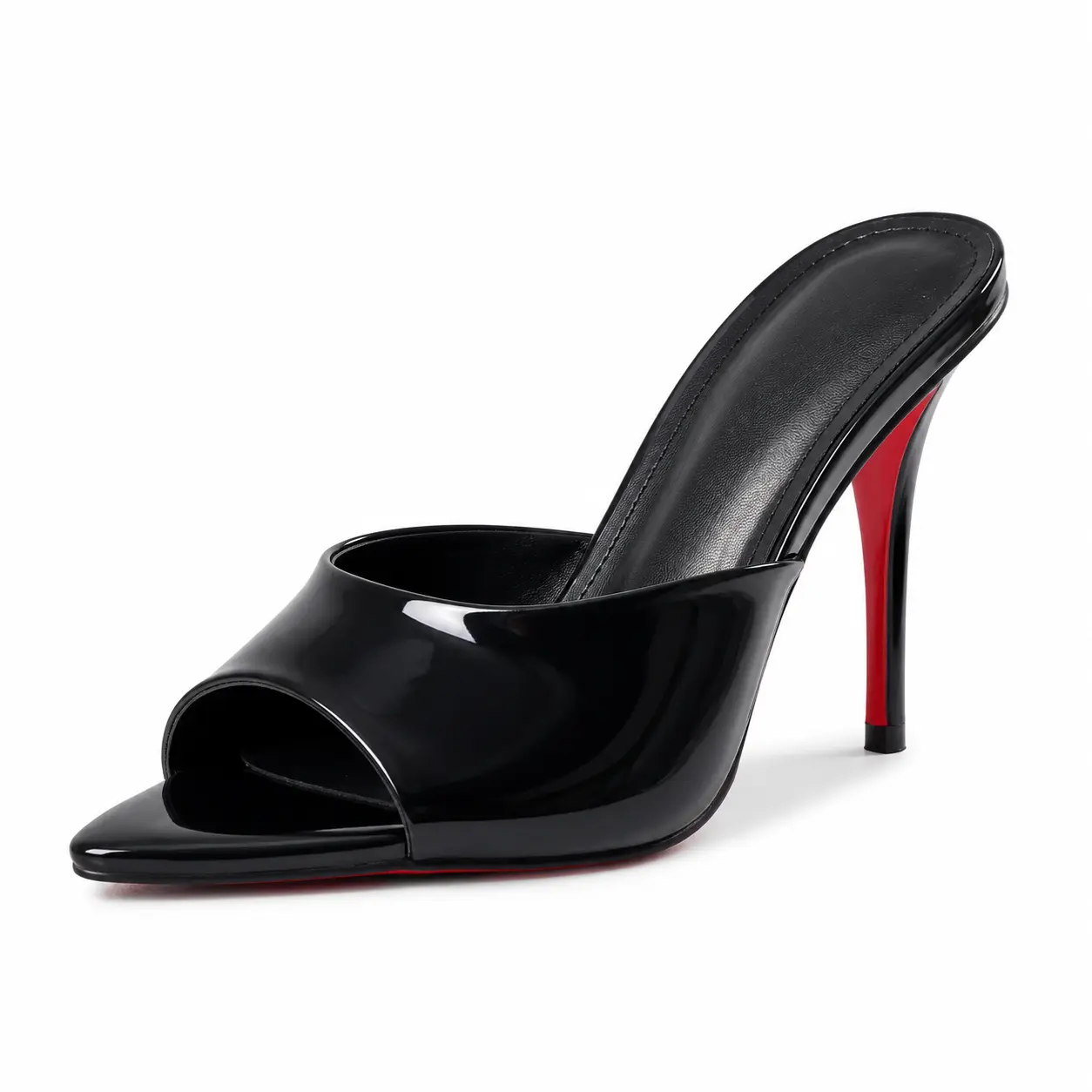 Pre Order Custom Made Patent Leather Open Toe Stiletto Mules Womens Classic Slip On Slide Sandals Iconic Red Bottom Thin High Heel Glossy Shiny Upper Minimalist Sleek Pointed Open Toe Silhouette Elegant Evening Party Footwear Perfect For Date Nights