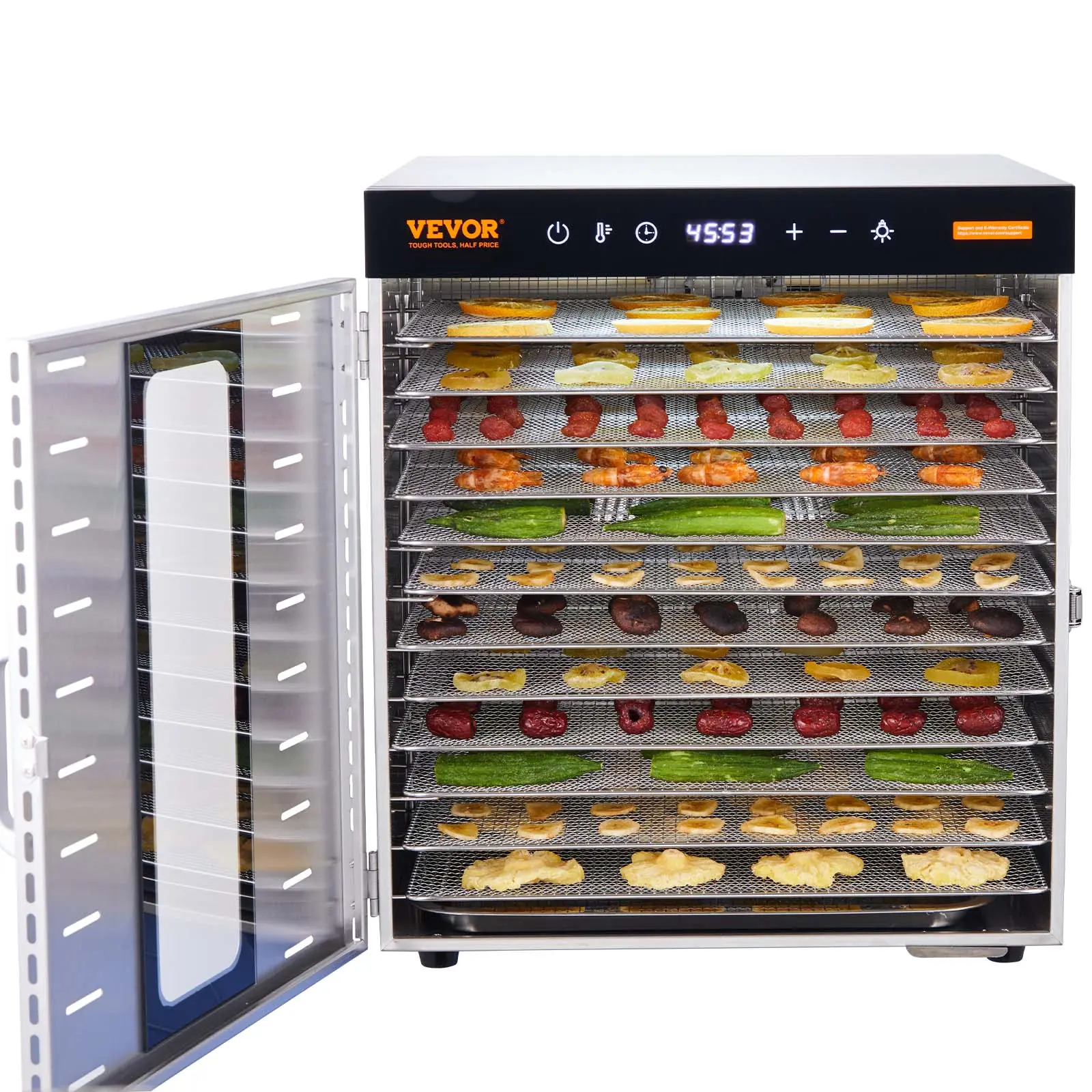 VEVOR 1000W Kitchen Countertop Food Dehydrator Home Appliance - 10 Stainless Steel Food-Safe Trays, 1.7lbs per Tray, 14.8x11.2in, Digital Timer, Temp Control, Silicone Roll Sheets, LED Lights, Gloves, Ideal for Jerky, Fruit, Father's Day Gift, Home Applia