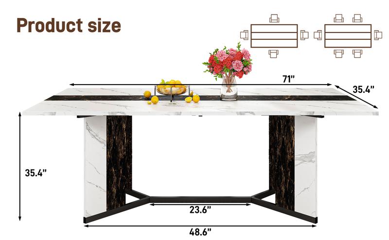 71 Inch Modern Marble-Color Rectangular Dining Table for 6-10 People Waterproof Wood Top Adjustable Legs for Kitchen Living Room