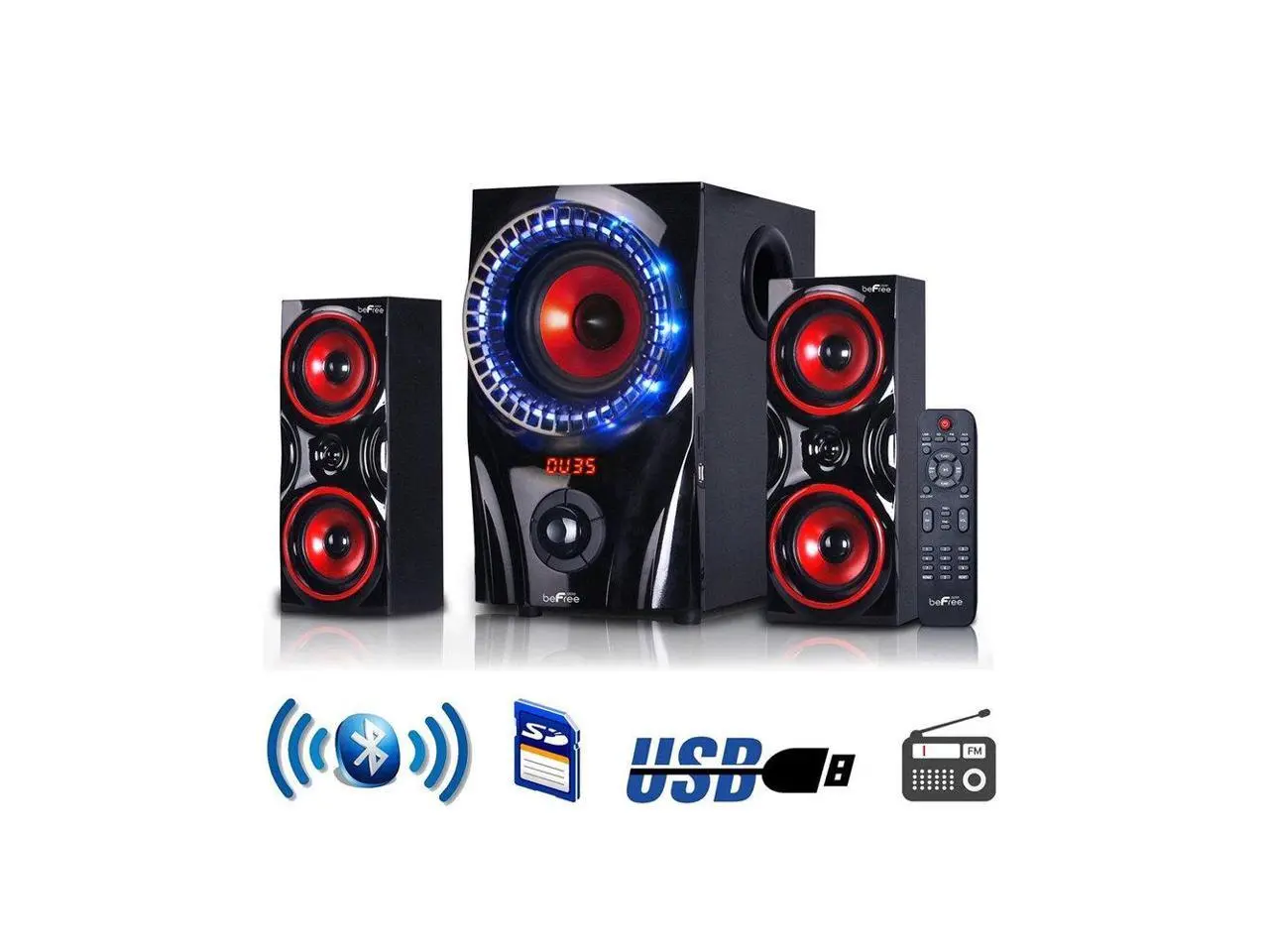 beFree Sound 2.1 Channel Surround Sound Bluetooth Speaker System in Red - BFS-99X