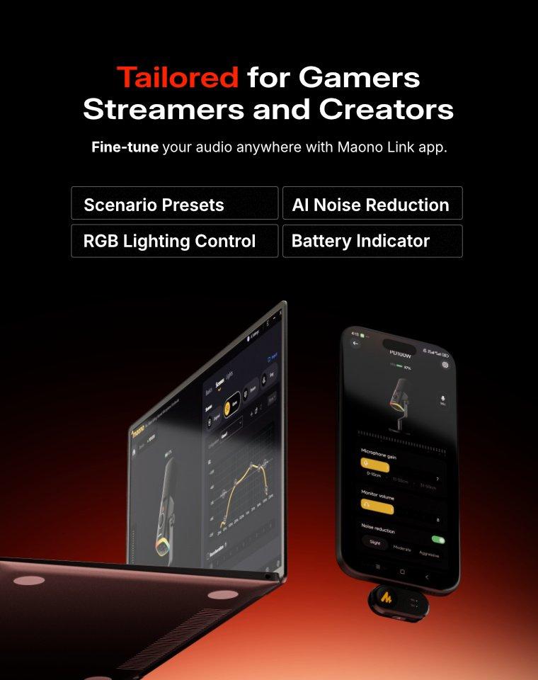 Maono PD100W Wireless & USB gaming microphone for podcast recording, meeting, dynamic RGB mic with quick mute, headphone jack, gain knob, volume control, desktop mic for PC Gamer. widely compatible with PCs, smartphones, laptops, PS4, and PS5.