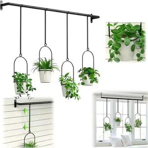 1 set Metal Adjustable Hanging Planters with 4pcs Plastic Pots, Rail for Indoor Window & Ceiling Herb Garden, Wall Plant Hanger with Nylon Cords, 11.8" -18.1" Width Expandable Cabinet Drawers for Pot and Pan, Slide Out Storage Rack, Black, Flower Pots.
