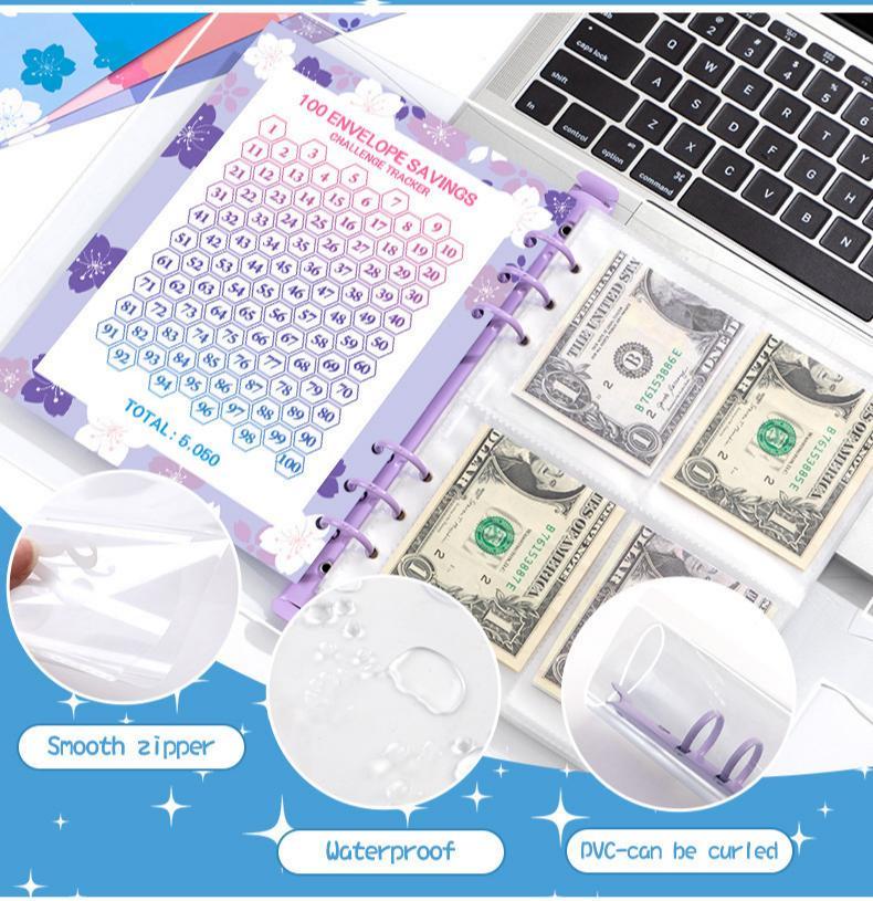 100-Pack Saving Challenge Binder - Durable Laminated $5050 Tracker, Pre-numbered Pockets for Organized Savings, 100 Envelopes forMultiple Budget Categories Productivity Planner Academic Planner