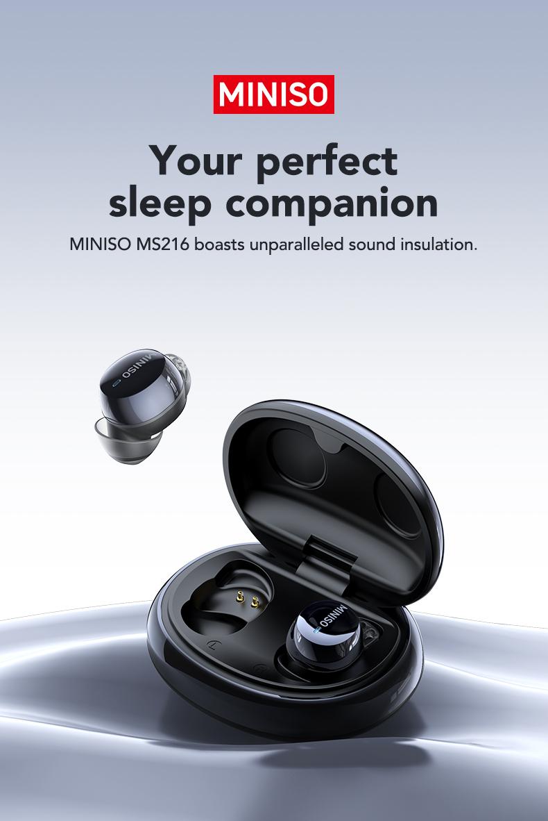 MINISO MS 216 Sleep Headphones, comes with free sleep earplugs, buy one get one free.  These mini wireless Bluetooth 6.0 earbuds feature liquid silicone material, high-definition sound quality, and a battery level display. Suitable for work and travel.