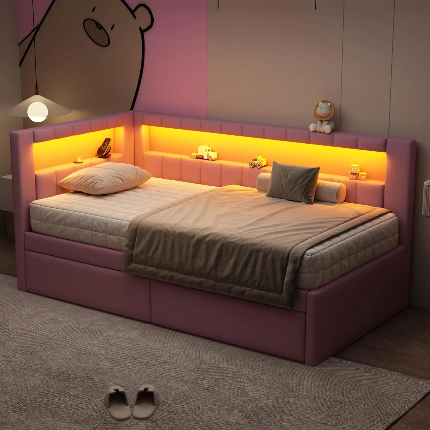 Twin Bed with Storage, Twin Daybed with 2 Drawers, USB Ports & LED Belt,  No Spring Box Needed, for Corner, Living Room, Home Office, Pink