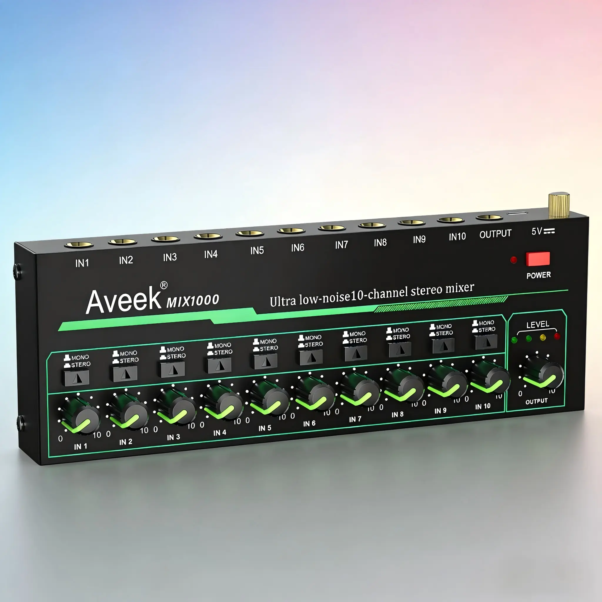 Aveek 10-Channel Stereo Audio Mixer - Metal Portable Sub-Mixer with 11 Rohm Op-Amps, 10 Line-Level 1/4" TRS/TS I/O, DC 5V Adapter, 22/8/3cm, Stereo-Mono Swap, Distortion-Free Sound, Quick Setup, Compact Durable for Stage, Father's Day Gift