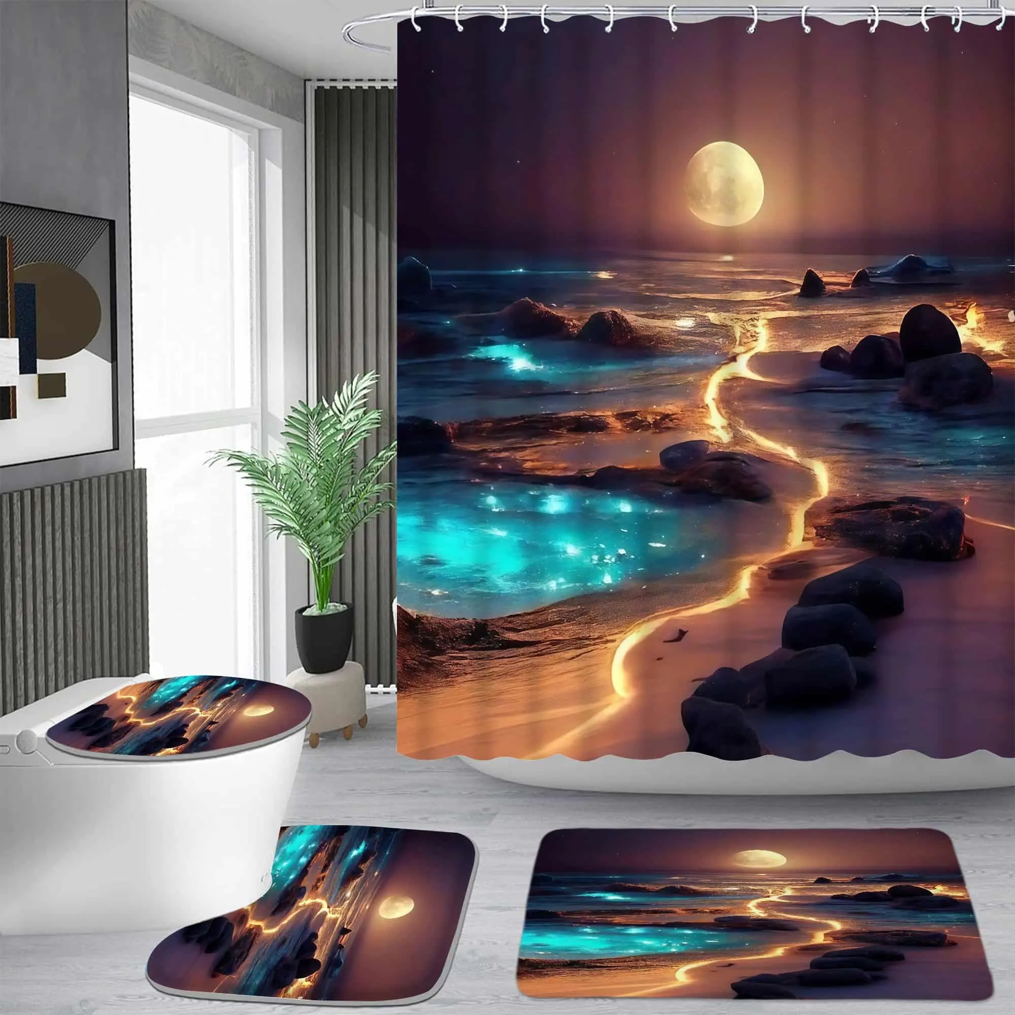Dreamy moonlight fluorescent coast pattern shower curtain set, waterproof shower curtain with 12 hooks, non-slip bathroom carpet, toilet U-shaped cushion, toilet seat cover cushion, bathroom shower curtain set, perfect moving gift.