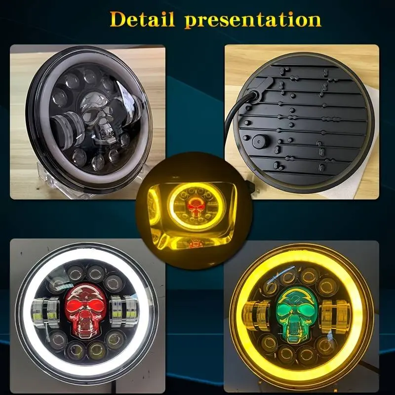 7-inch Skull-shaped LED Spotlight Car Headlight Modification Front Lamp Motorcycle Head Round Lamp Colorful Demon Eye
