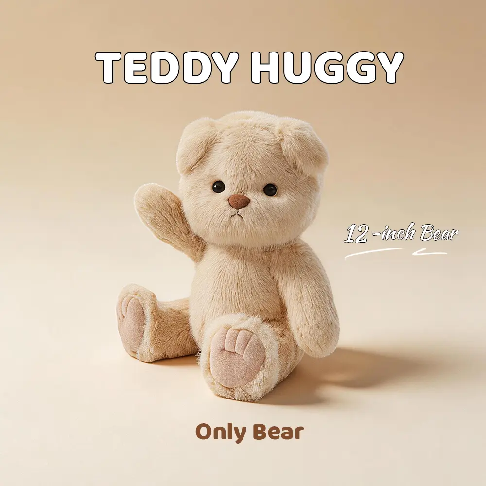 TEDDY HUGGY 12" Classic Plush Teddy Bear - Unisex Cute Collectibles Animal Character Stuffed Toy, 5 Moving Joints, Heart Tail, Scarred Paws, Ultra-Soft, 3 Styles (Long Hair Beige, Short Hair Beige, White), Gift of Love for Cuddly Toys Lovers