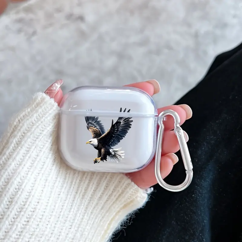 Eagle in Flight Pattern TPU Soft Protective Case for Apple AirPods 4/3/2/1/Pro/Pro2 Transparent Earphone Cover with Keychain Attachment