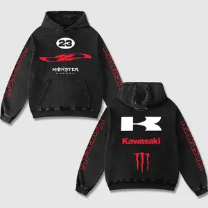 Retro 23 Monster x Kawasaki Racing Washed Hoodie Motor World Champion Enthusiast Apparel Streetwear Helmet Racing Team Super Motorsports Clothing Riders Motocross Off-Road Dirt Bike Fan Gear Cotton For Motor Fan