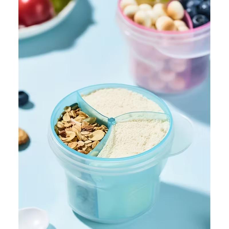 YRUIZEUP 3-Compartment Mini Rotating Milk Powder Dispensers, Snacks Containers Compact Storage for Travel and On the GO, Safe Easy to Clean for Powder & Snacks in Blue and Pink PP Material
