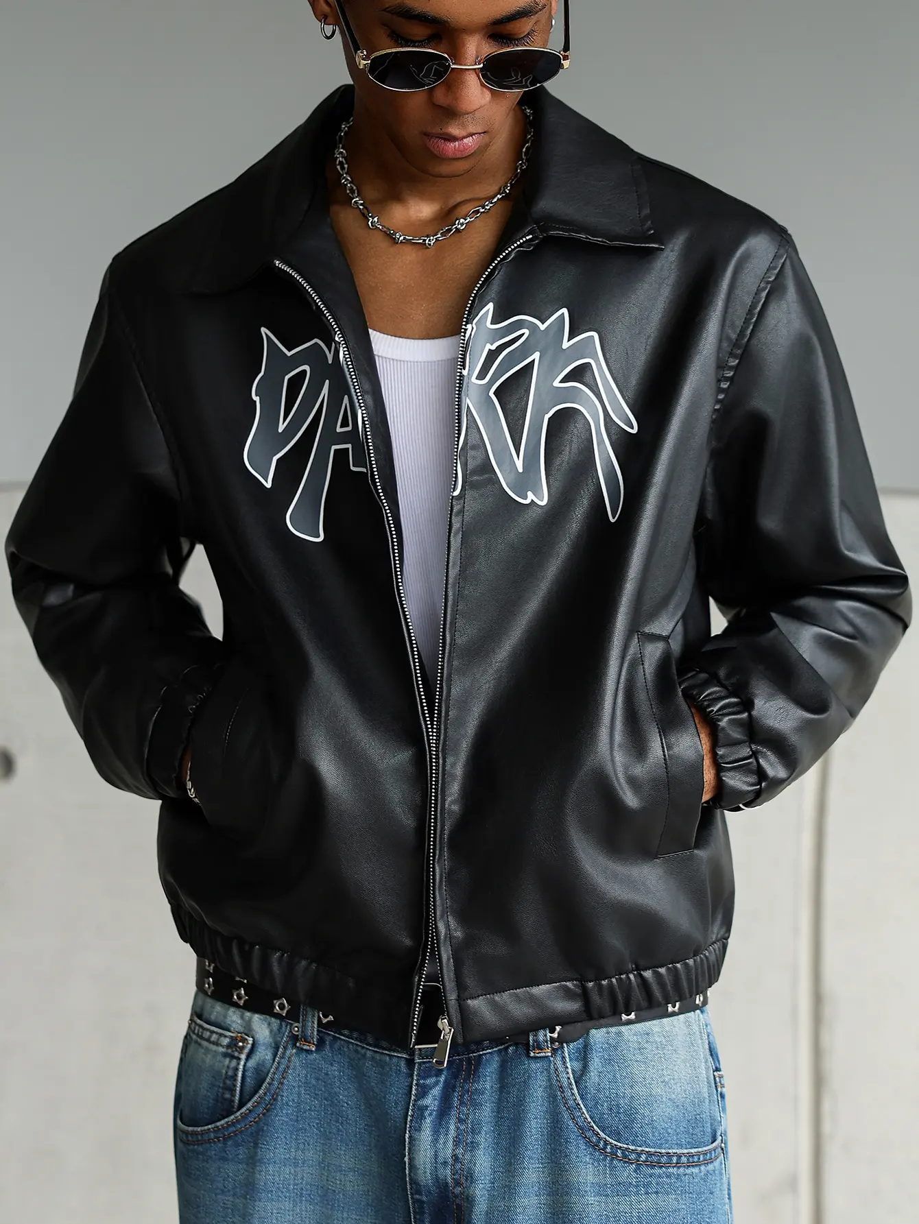Bold Urban Statement Jacket with Retro Collar & Graphic Detailing