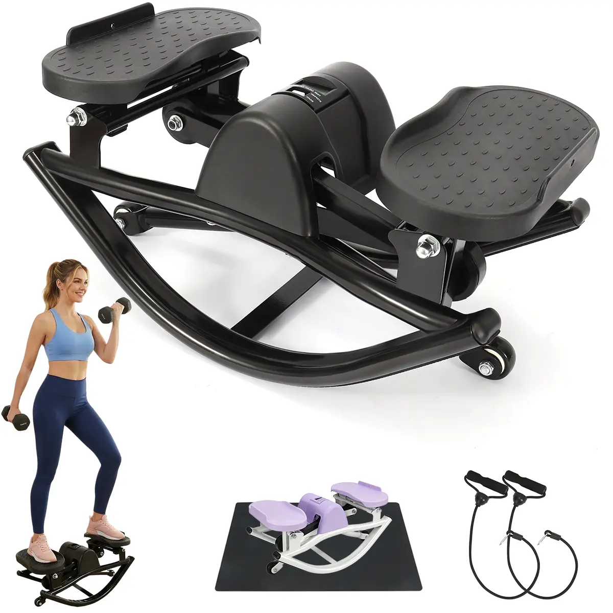 Lateral Rocking Stepper Machine for Home Gym – Side to Side Stepper with Digital Monitor and Resistance Bands, Quiet Low Impact Exercise Equipment for Legs, Glutes and Core, 250LBS Capacity