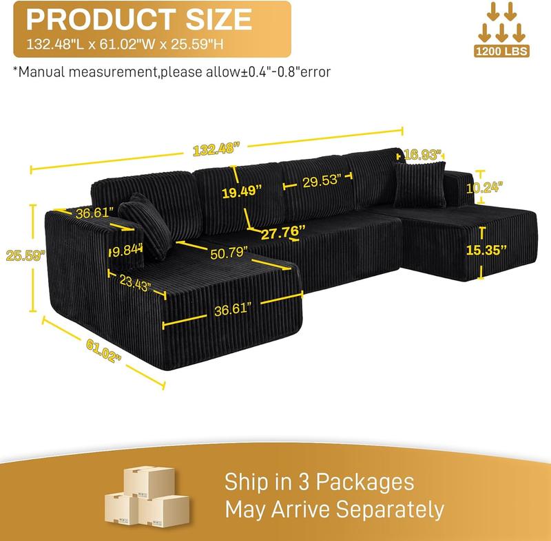 [October Hot Seller] [3 Packs Shipped] Niccae 132-inch U-Shaped Corduroy Sofa - Modern, perfect for the living room, comfortable, no assembly required, same popular Ovids sectional sofa with no bones