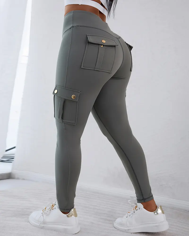 CHICME Womens Butt Lifting Leggings with Flap Pockets/ High Waist Tummy Control Workout Cargo Leggings/High Waist Tummy Control Leggings Yoga Pants Gym Sportswear Bottoms