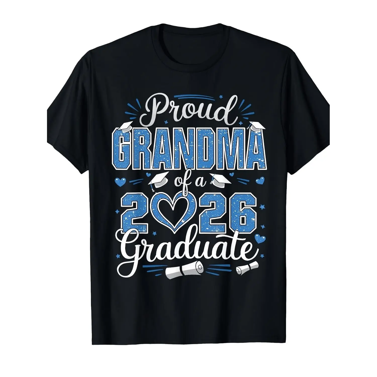 Proud Grandma of a Class of 2026 Graduate T-Shirt - Unisex Adult Retro Graduation Cap & Diploma Design, 220gsm Heavyweight Pure, All-Season Comfort Fit Round Neck Short Sleeve, Blue & White Print with Golden Lettering - Class of 2026 Senior Year